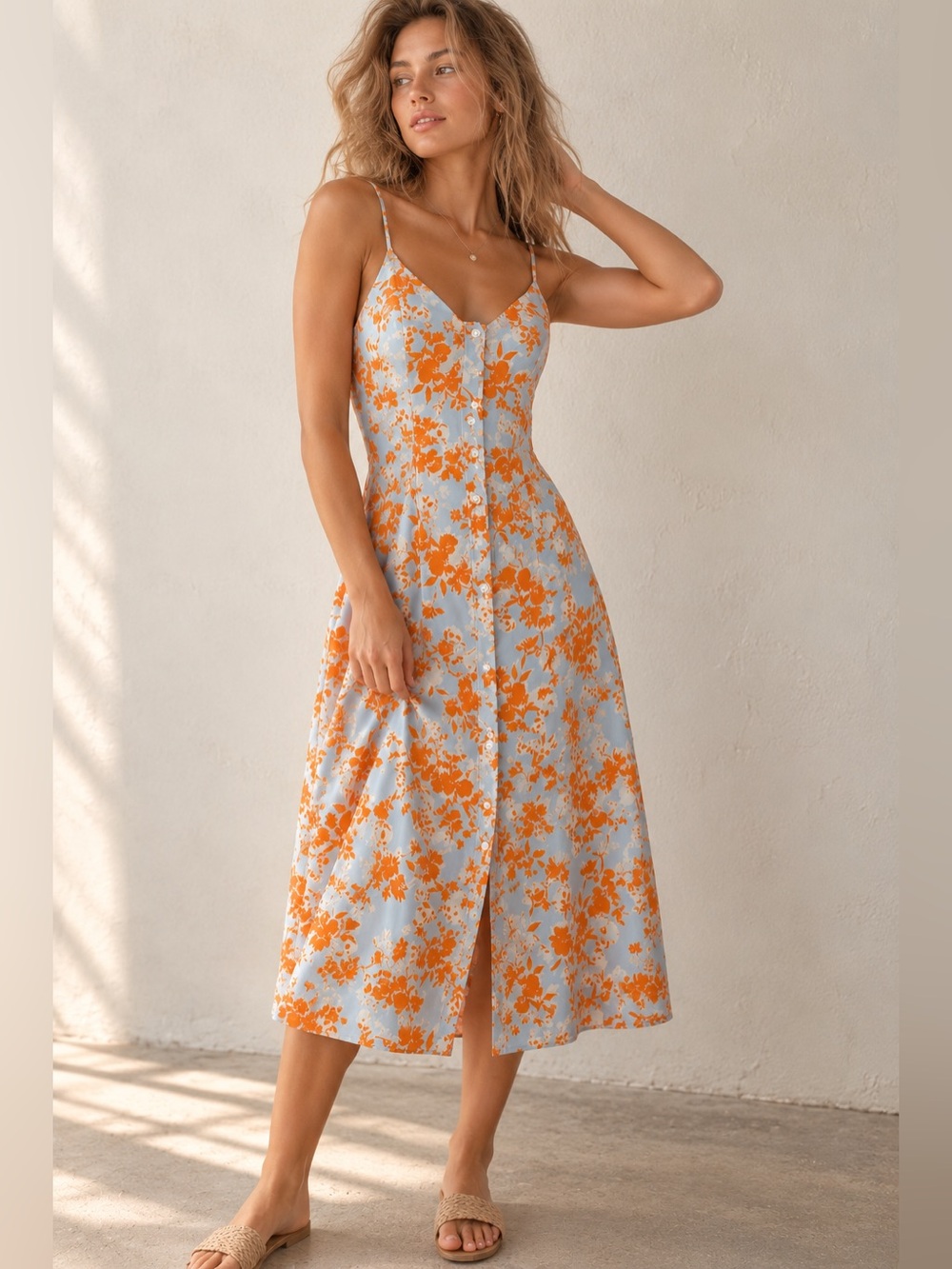 Sienna Sky Blue Orange Floral Button Front Midi Dress Small